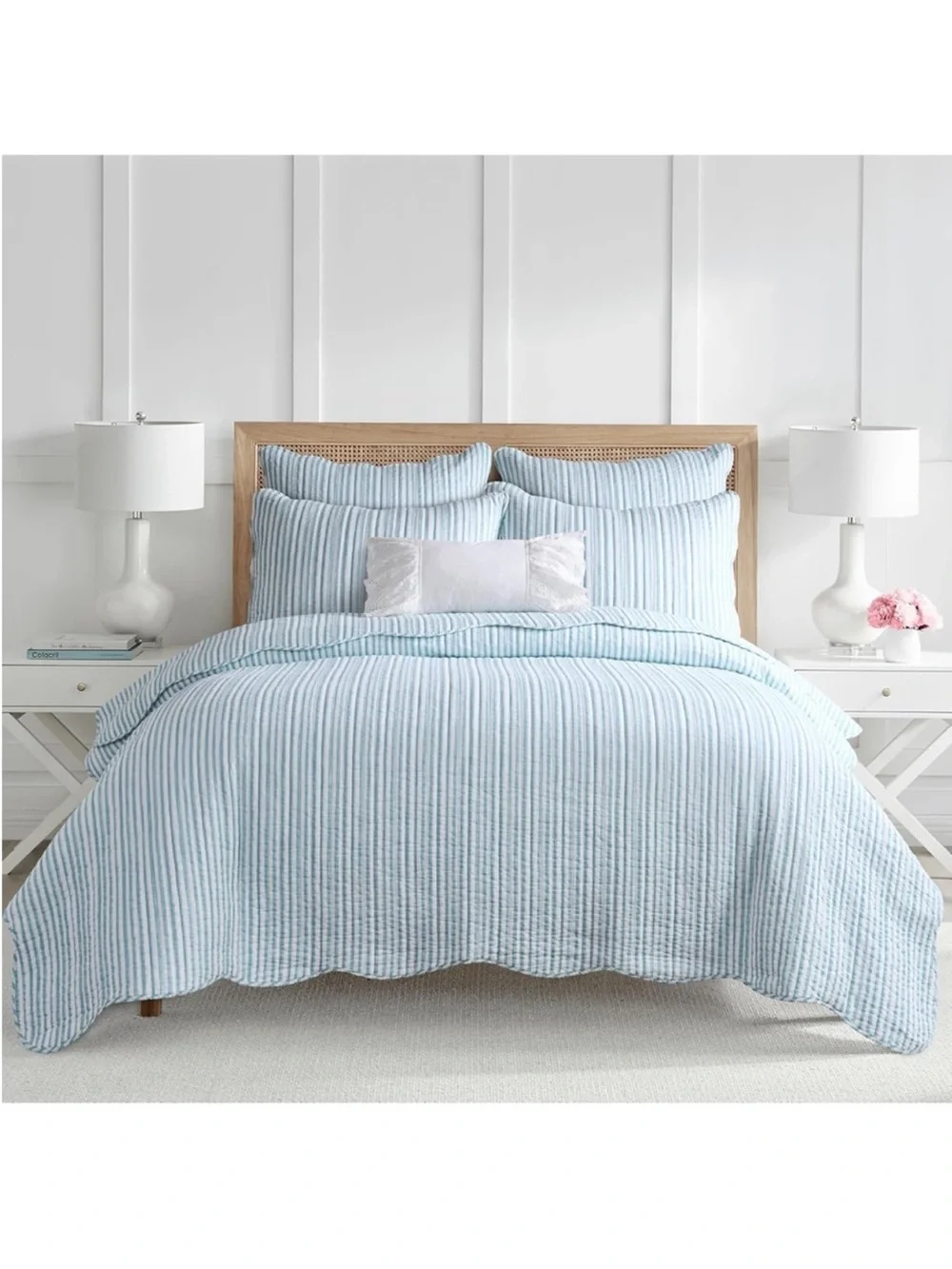 🆕 PB Style Blue & White Striped Cotton Quilt Coverlet Scalloped Trim Set NWT